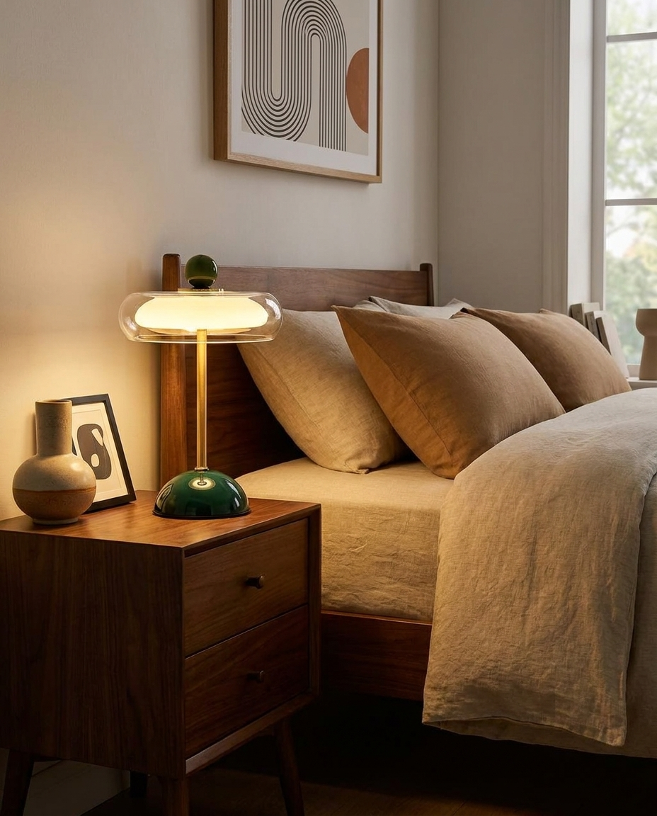 Amber Glass Nightstand Lamp on a walnut nightstand