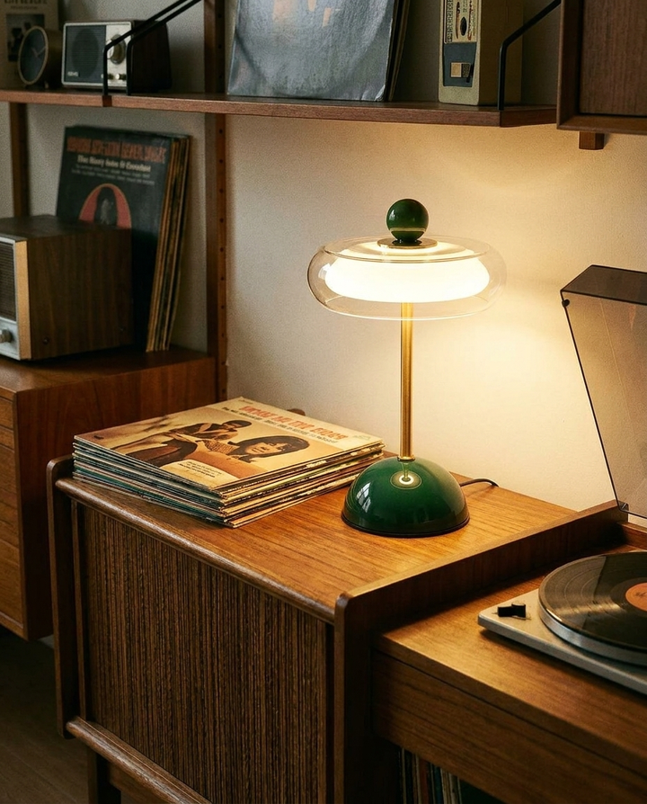 Amber Glass Nightstand Lamp on a record console