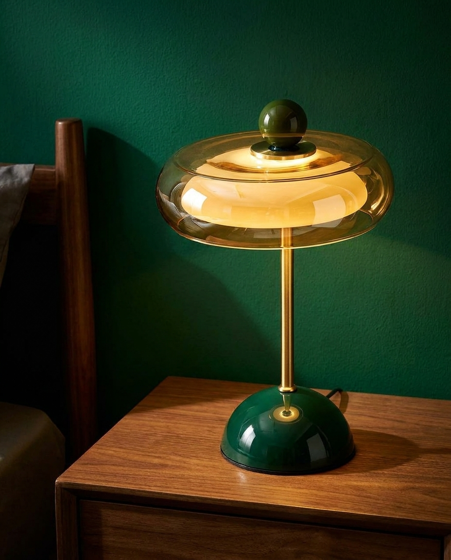 Amber Glass Nightstand Lamp against emerald green wall