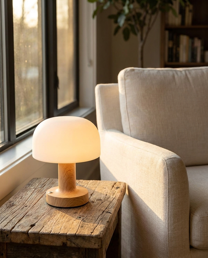 Cordless Mushroom Accent Lamp on a wooden side table