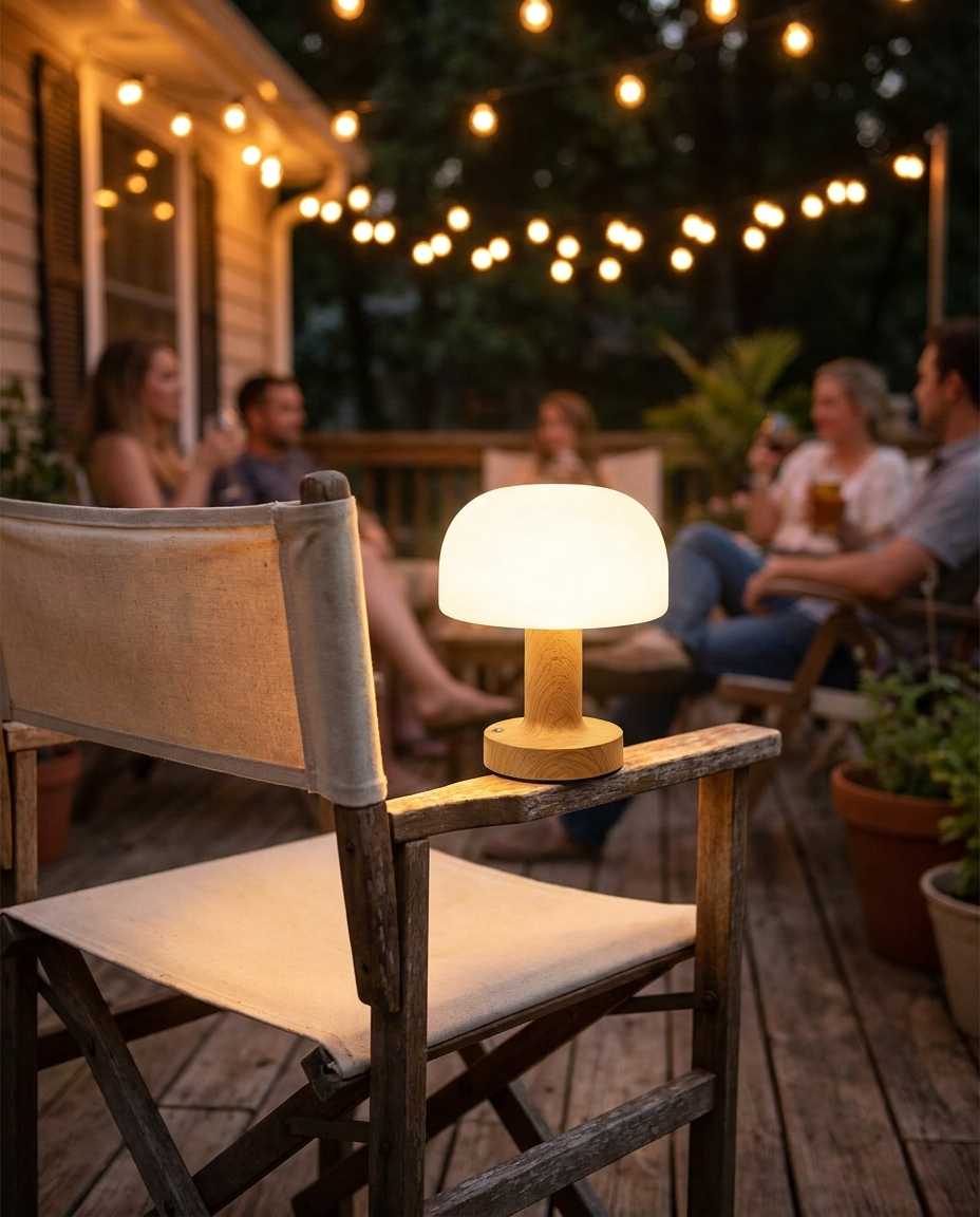 Cordless Mushroom Accent Lamp on a patio table