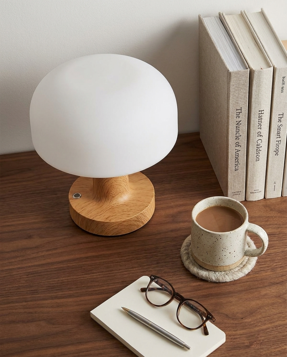 Cordless Mushroom Accent Lamp on a desk with books