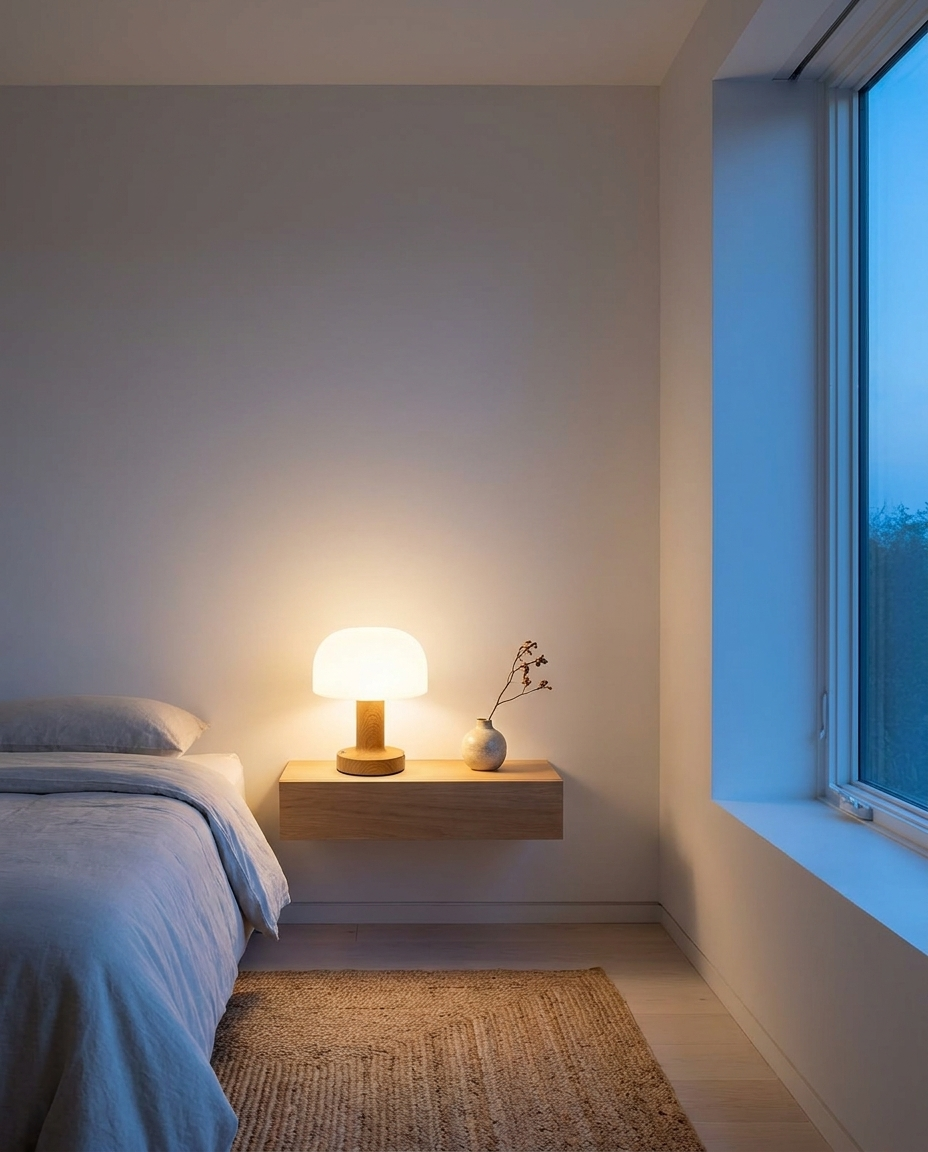 Cordless Mushroom Accent Lamp on a bedroom shelf
