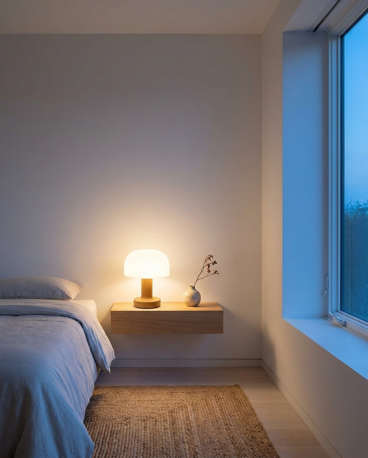 Cordless Mushroom Accent Lamp on a bedroom shelf