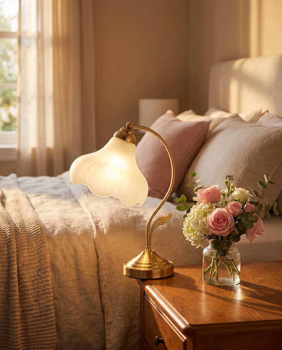 Frosted Glass Flower Lamp on a bedside table