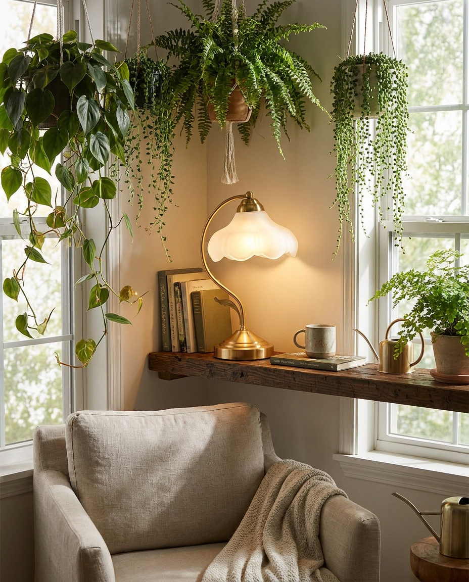 Frosted Glass Flower Lamp in a botanical reading nook