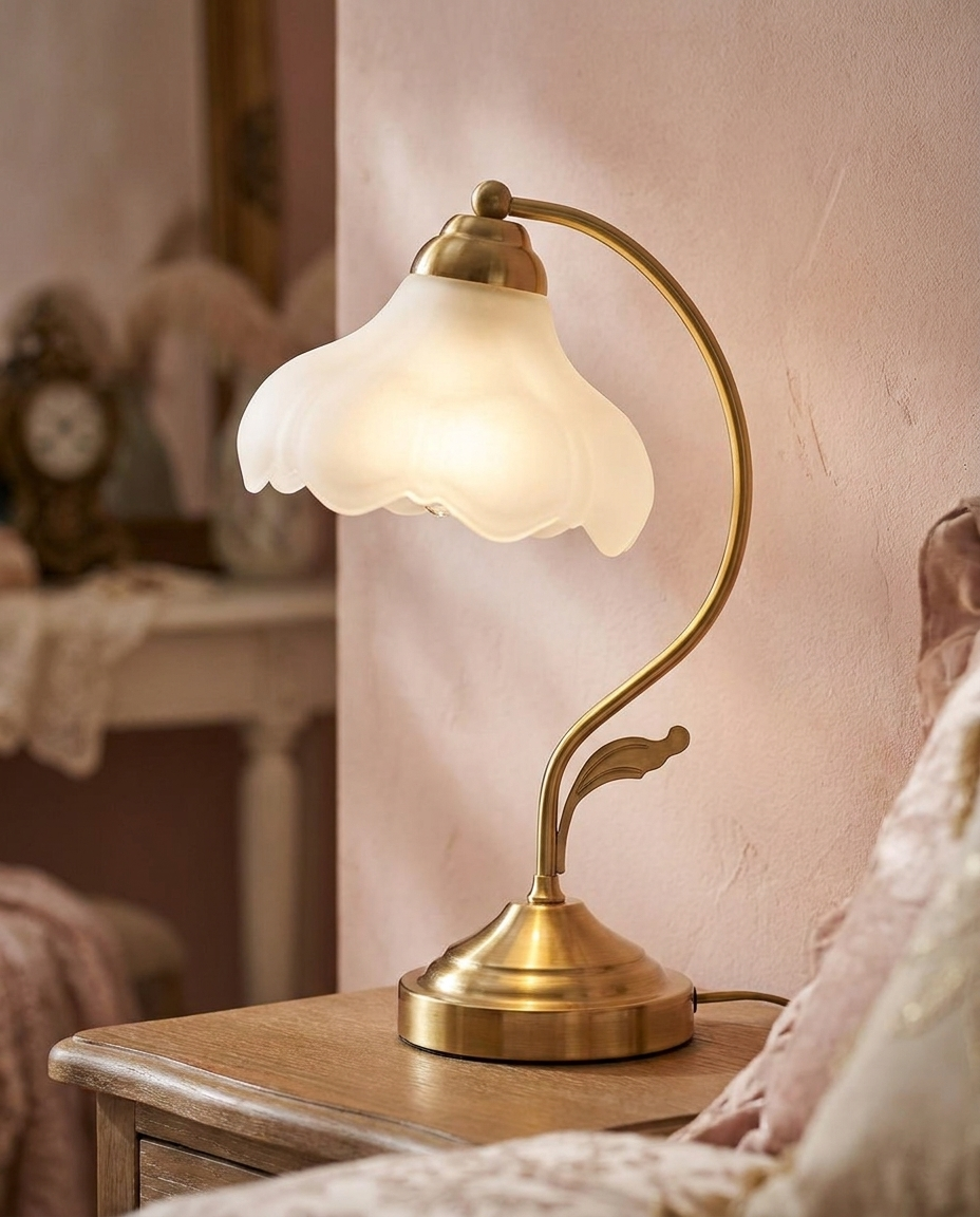 Frosted Glass Flower Lamp against a blush pink wall