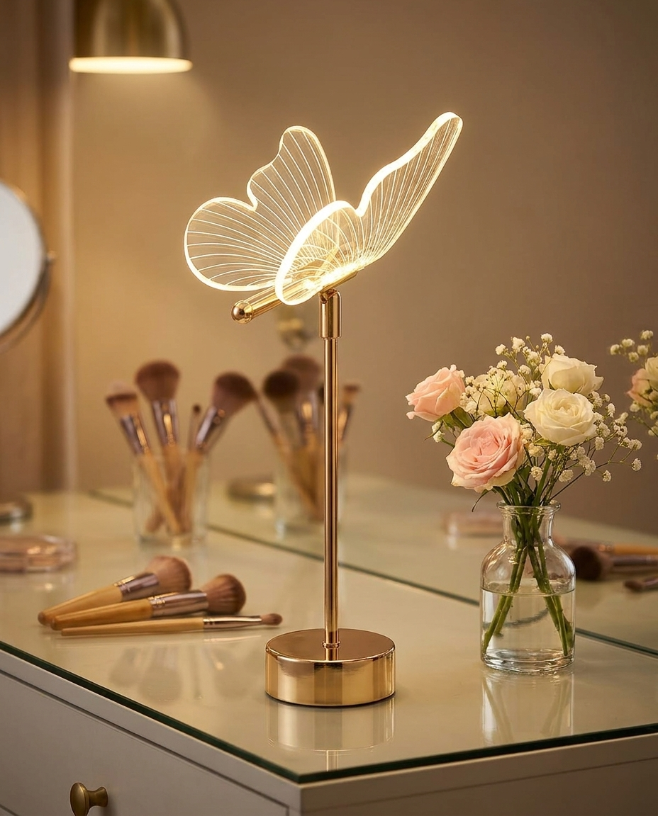 Gilded Acrylic Butterfly Lamp on a vanity table