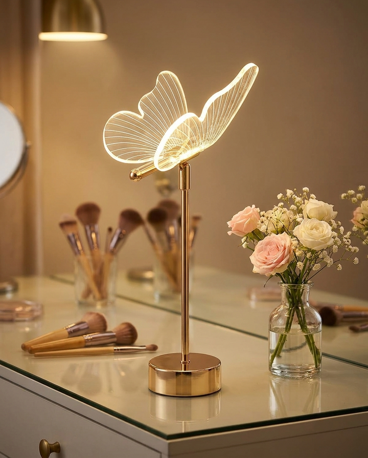 Gilded Acrylic Butterfly Lamp on a vanity table