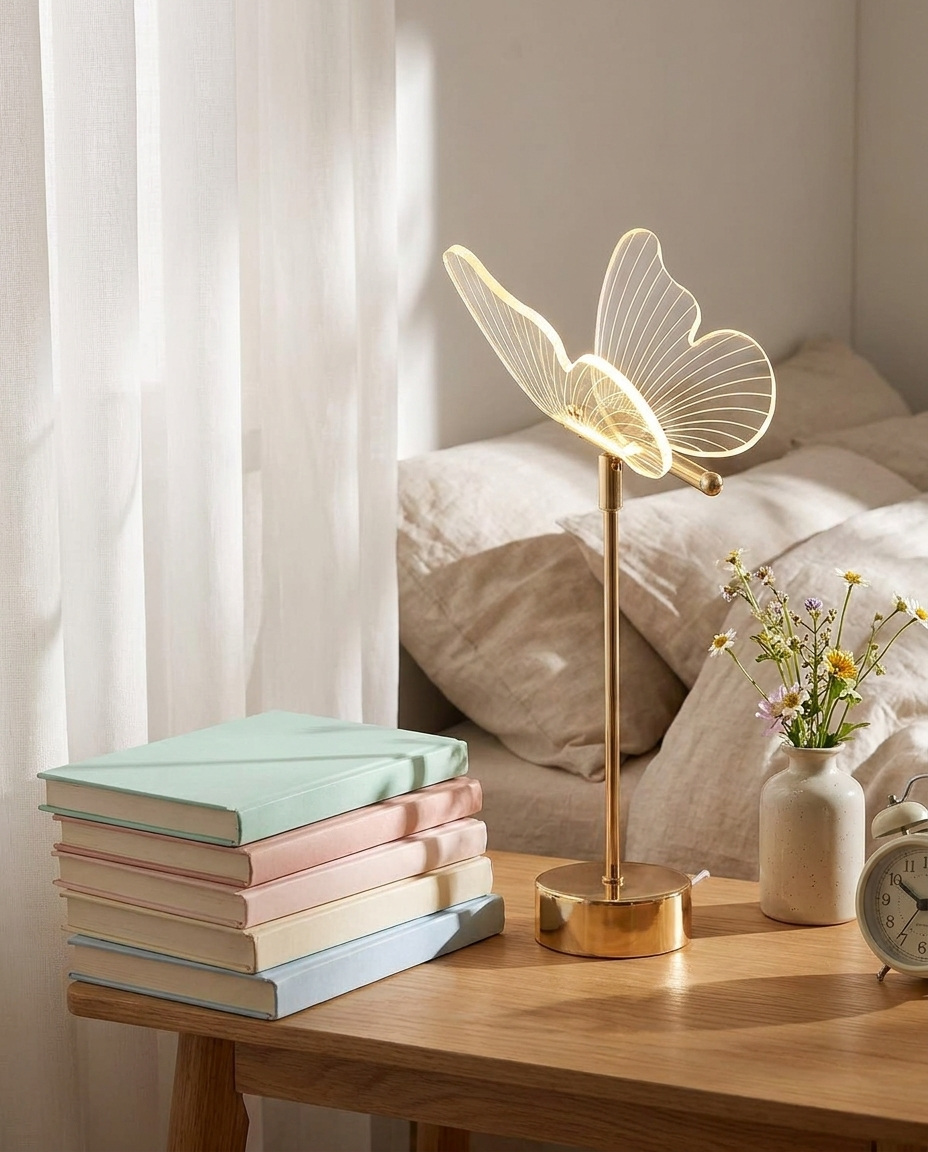 Gilded Acrylic Butterfly Lamp on a nightstand