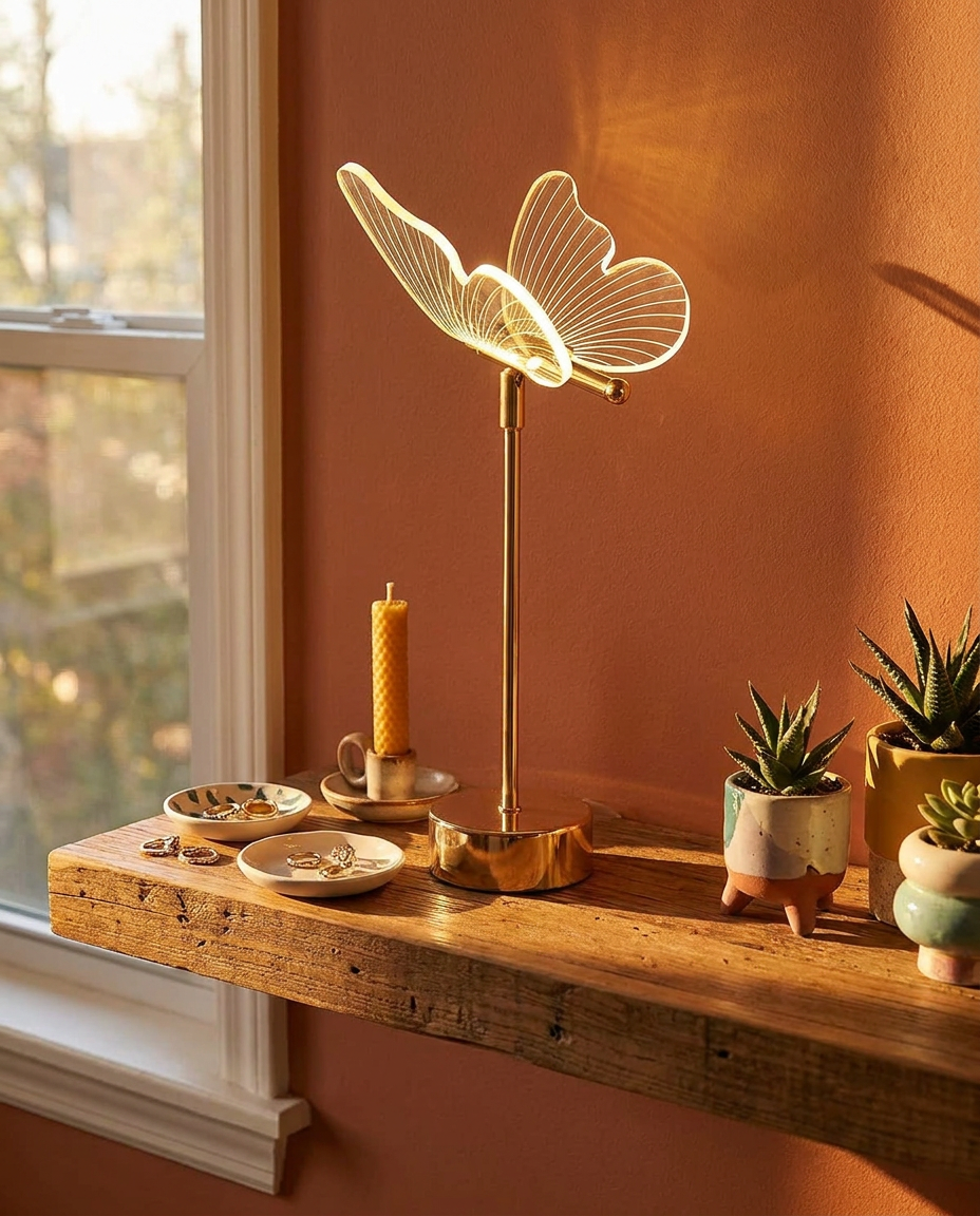Gilded Acrylic Butterfly Lamp on a floating shelf