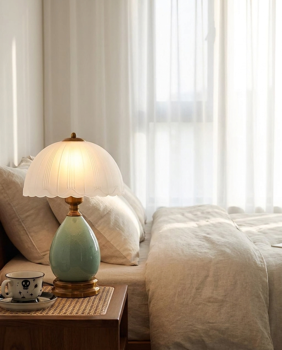 Hand-Blown Ceramic Nightstand Lamp beside a bed