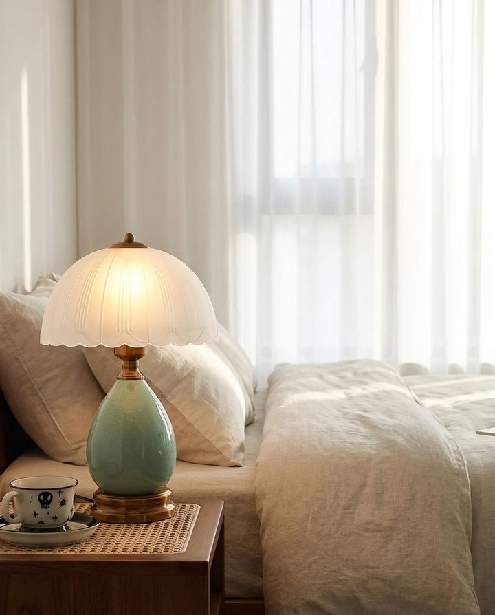 Hand-Blown Ceramic Nightstand Lamp beside a bed