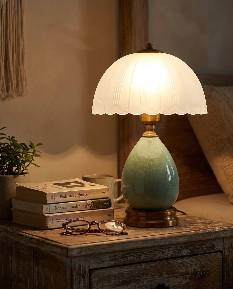 Hand-Blown Ceramic Nightstand Lamp with books