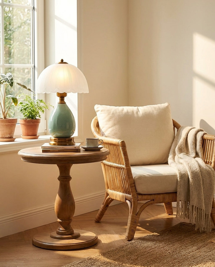 Hand-Blown Ceramic Nightstand Lamp in a reading corner