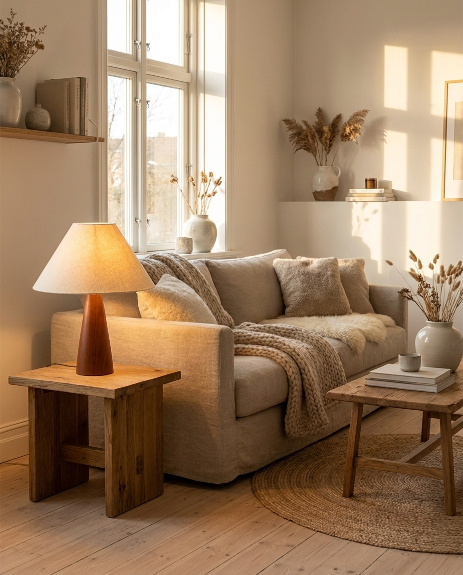 Linen Shade Accent Lamp beside a sofa