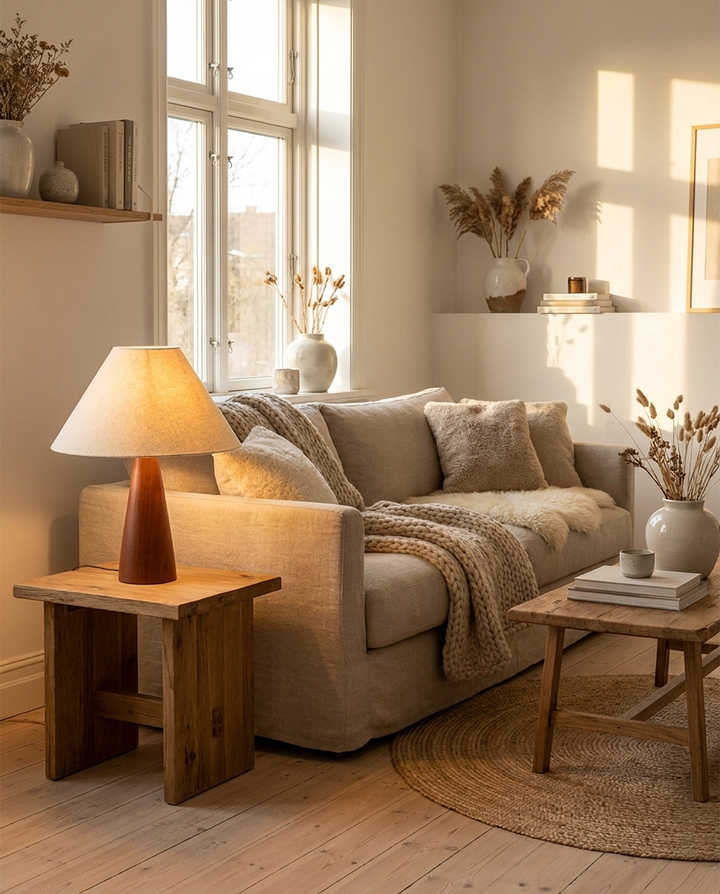 Linen Shade Accent Lamp beside a sofa