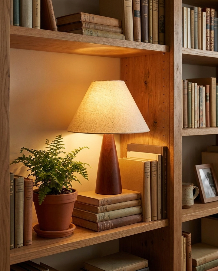 Linen Shade Accent Lamp in a bookshelf nook
