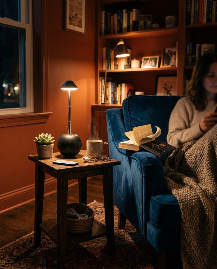 Remote Control Mood Lamp in a reading nook