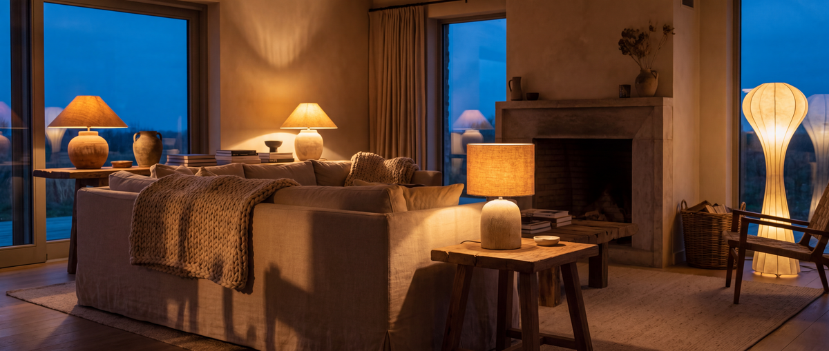 Cozy warm-lit living room with glowing table lamps
